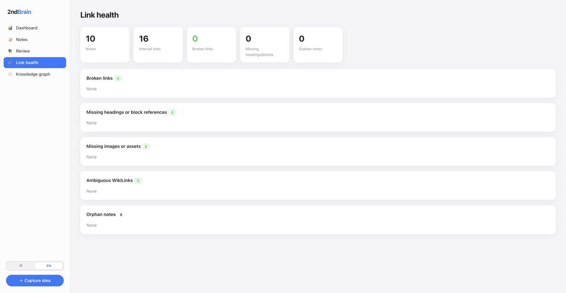 Link-health view with vault diagnostics